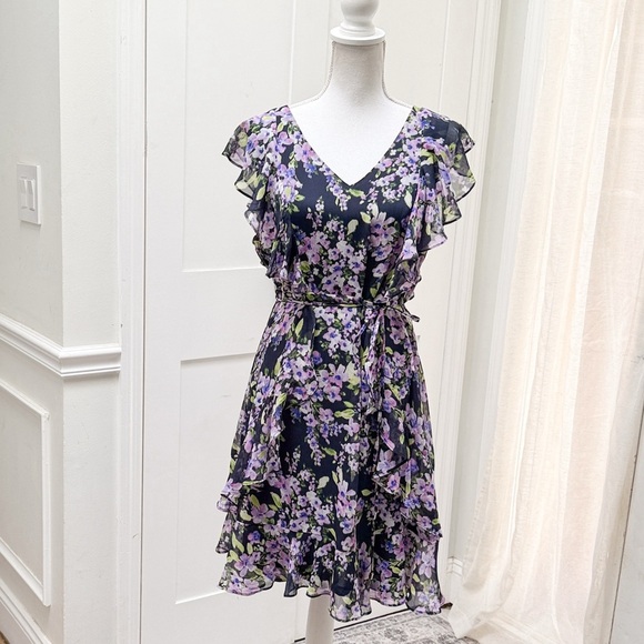 Tommy Hilfiger Womens Floral Ruffle Chiffon Fit & Flare Dress Purple Green 14 - Picture 10 of 11